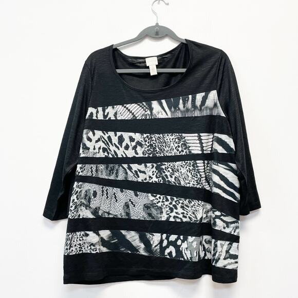 Chico's Womens 3 Black Animal Print Striped Quarter Sleeve Scoop Neck Blouse Top - Picture 1 of 4